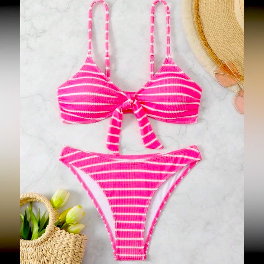 2 pc Pink and White Striped Bikini Set